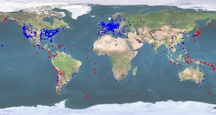 This map identifies (in blue) the computers in phones and other devices collecting ground-motion data for Quake-Catcher Network. Red dots mark previously detected quakes.