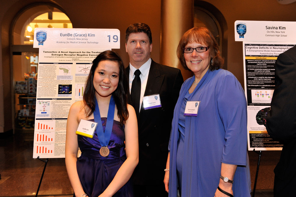 Grace Kim at the STS Awards Gala with her mentor, Donna Leonardi, and Russell Davis, principal of the Academy for Medical Science Technology.  