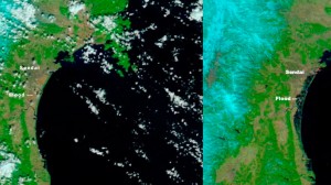 The image on the left was taken by NASA's Terra satellite on Feb. 26, 2011. The image on the right, which shows the extent of the flooding, was taken by NASA's Aqua satellite on March 13, 2011, days after an earthquake and tsunami devastated Japan. The orange-red dot near Sendai is likely a large fire.