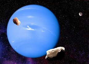 A bright blue Neptune with visible rocky moons around it