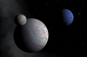 An illustration of three celestial bodies on a dark background