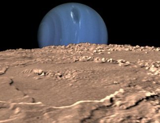 An illustration of a blue planet that appears tipped sideways, viewed over a brown rocky foreground.