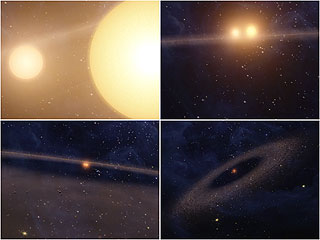 An animated video shows how a pair of stars might raise a family of planets.