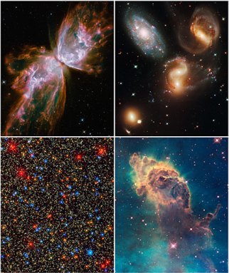 These new images of distant galaxies come from the newly installed Wide Field Camera 3 on the Hubble Space Telescope. Clockwise from top left: NGC 6302, a butterfly-shaped nebula surrounding a dying star; a group of galaxies called Stephan's Quintet; a st