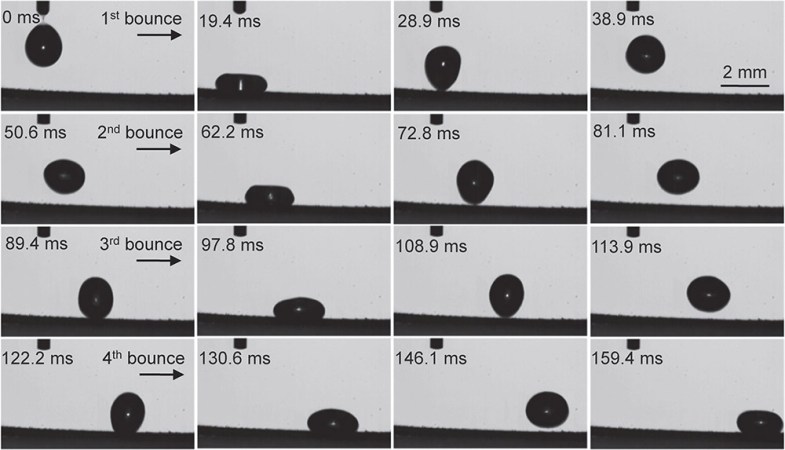 Researchers have developed surfaces so repellent that drops of liquid don’t splatter and stick — instead they bounce up to four times before rolling away. Credit: Kota et al., Advanced Materials (2012)