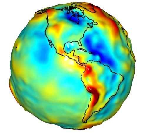 NASA’s GRACE satellite can track water’s movement around the world by measuring changes in water’s gravitational pull. The satellite’s data can be used to produce three-dimensional maps like this one. Red bulges show where water has accumulated. Dark blue dips indicate where there is comparatively less water.  Credit: University of Texas Center for Space Research, NASA
