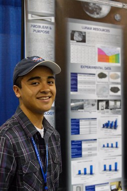 Sergio Parra, a 17-year-old engineer from Hoschton, Ga., analyzed concrete made from materials likely available on the moon. His findings suggest that construction on the moon might be more economical than previously thought. Credit: Patrick Thornton, SSP