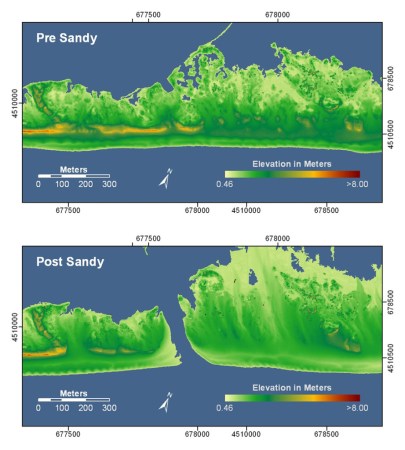 These before-and-after LIDAR images show Hurricane Sandy damage to Fire Island, N.Y. The after image shows a newly opened breach and highlights changes to the elevation of the island. In both images, orange and red colors indicate higher elevations while yellow and green colors indicate lower elevations. Credit: USGS
