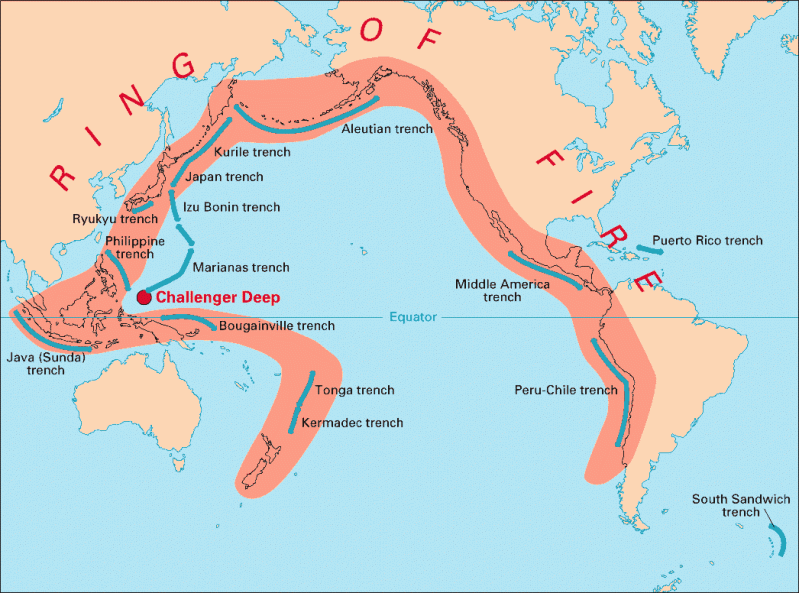 a map showing where volcanoes are located around the edge of the Pacific Ocean