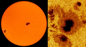 The clusters of sunspots at left may look tiny, but they’re the size of Jupiter. At right, other sunspots are revealed in closeup.