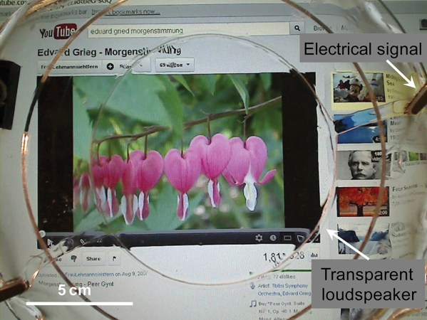 Scientists have built a see-through, elastic loudspeaker, shown here connected to a device playing a YouTube video. Courtesy of Christoph Keplinger and Jeong-Yun Sun