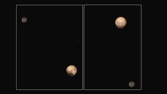 Pluto and its largest moon show off two of their sides in this pair of New Horizons photos. Each of the dark spots on Pluto (orange, right) is roughly the size of the state of Missouri.