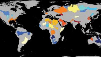 Of Earth’s 37 largest aquifers, 21 are shrinking, satellite data show. Here, redder regions represent overstressed aquifers. Those buried reservoirs lose more water each year than they gain.