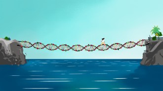 illustration of a woman walking across of a bridge of DNA
