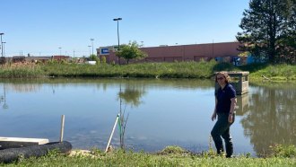 Anne Jefferson stands by a retention pond