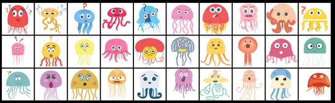 a grid of 30 computer generated confused jellyfish emoji