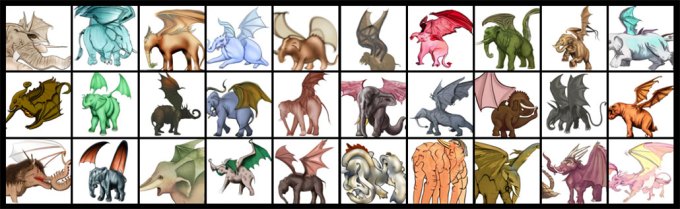 a grid of 30 computer generated images of elephant-dragon animals