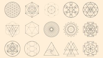 illustrations of 12 abstract geometric objects with curved and straight lines