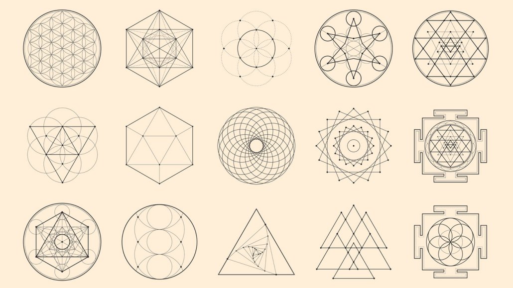 illustrations of 12 abstract geometric objects with curved and straight lines