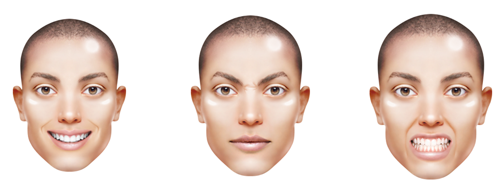 An illustration of three androgynous faces. From left to right, smile, frown, clenched teeth.