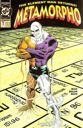 an image of a comic book cover reading "Metamorpho" with a muscular white-skinnedbald man in a muscle suit that is half yellow, a quarter purlple and a quarter white. He appears to be standing on the periodic table