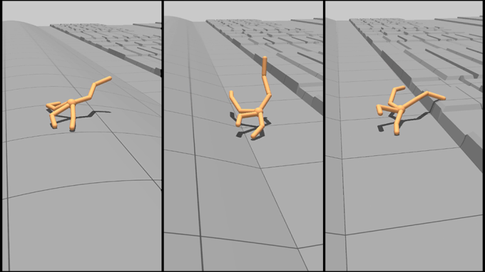 a composite image showing how a computer generated "unimal" evolved limbs to push itself across a bumpy landscape