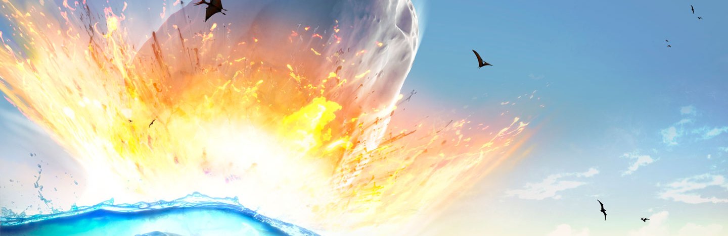 An illustration of a huge asteroid crashing into ocean. An ancient sea creature is visible under the water