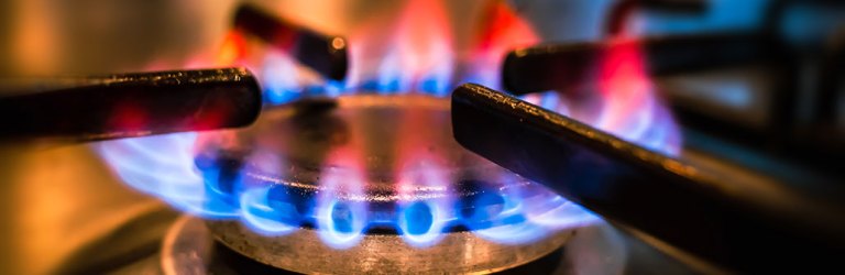 A close-up photo of a gas flame on a stove top burner. The flame is blue at the bottom and red at the tip of the flame.