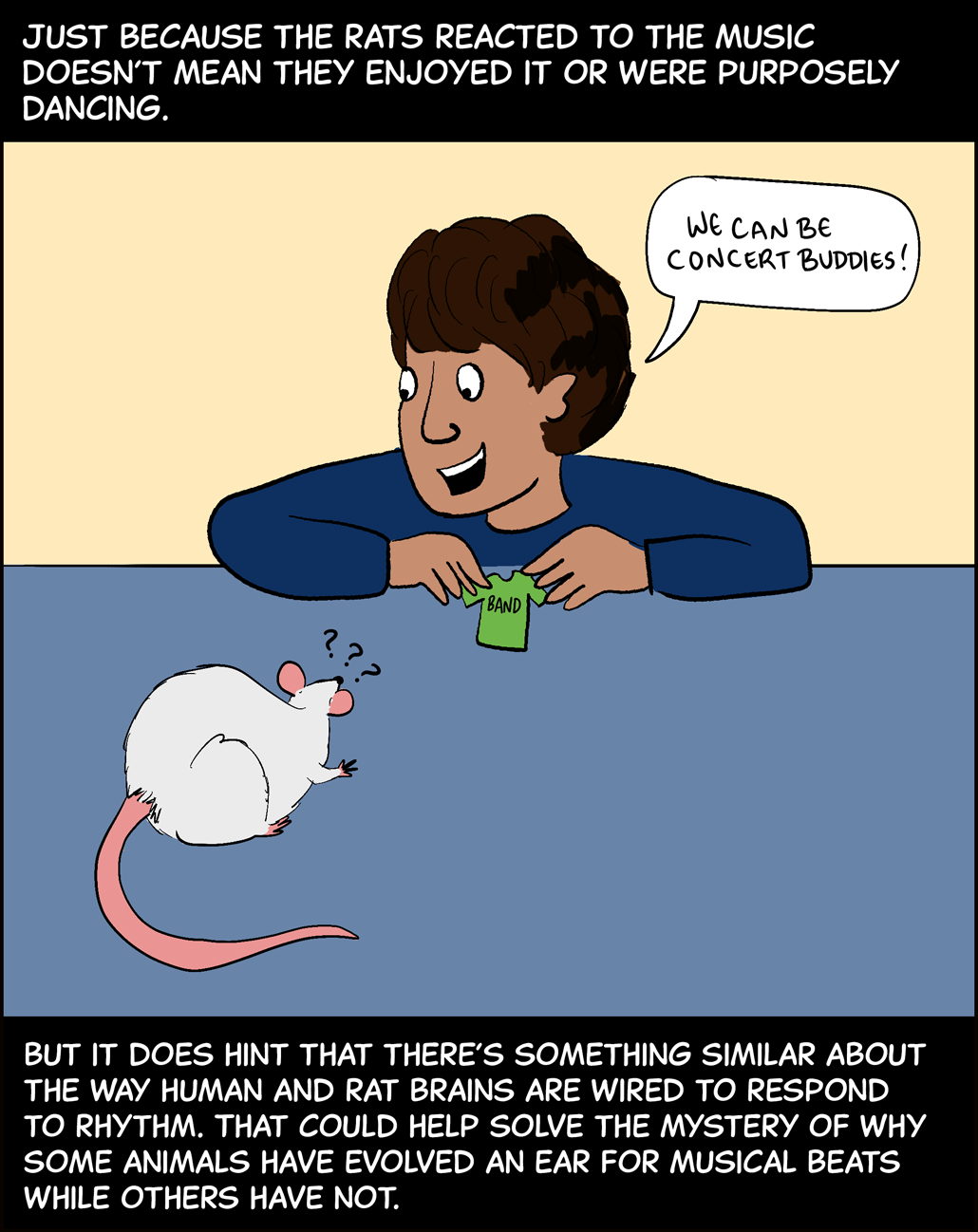 Panel 5. Text (above image): Just because the rats reacted to the music doesn’t mean they enjoyed it or were purposely dancing. Image: a boy holds up a tiny t-shirt that reads “band” and says to a rat, “We can be concert buddies!” But the rat just looks back with “???” over its head. Text (below image): But it does hint that there’s something similar about the way human and rat brains are wired to respond to rhythm. That could help solve the mystery of why some animals have evolved an ear for musical beats while others have not. 