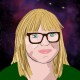 This is a drawing of Janet Raloff a white female with blue eyes wearing glasses and smiling. Behind her is a space-themed background.
