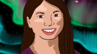 This is a drawing of Jill Sakai on a night sky background with an aurora.