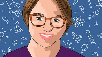 This is a drawing of Lillian Steenblik Hwang a white female with blue eyes wearing glasses and smiling. Behind her are a bunch of scientific symbols on a blue background.