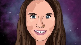 This is a drawing of Maria Temming a white female with blue eyes and smiling. Behind her is a space-themed background.