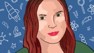This is a drawing of Sarah Zielinski a white female smiling. Behind her are a bunch of scientific symbols on a blue background.