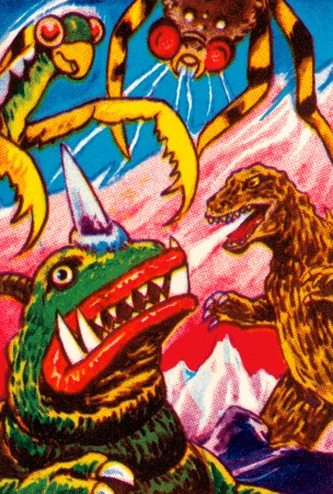 Godzilla spews his atomic breath at some of his foes. A giant green praying mantis and an insect with red eyes attack from above. A green theropod with a horn and large lower teeth stands in front of him.