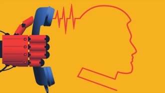 an illustration of a robot hand holding a telephone reciever with a soundwave in the shape of a person coming out of the speaker