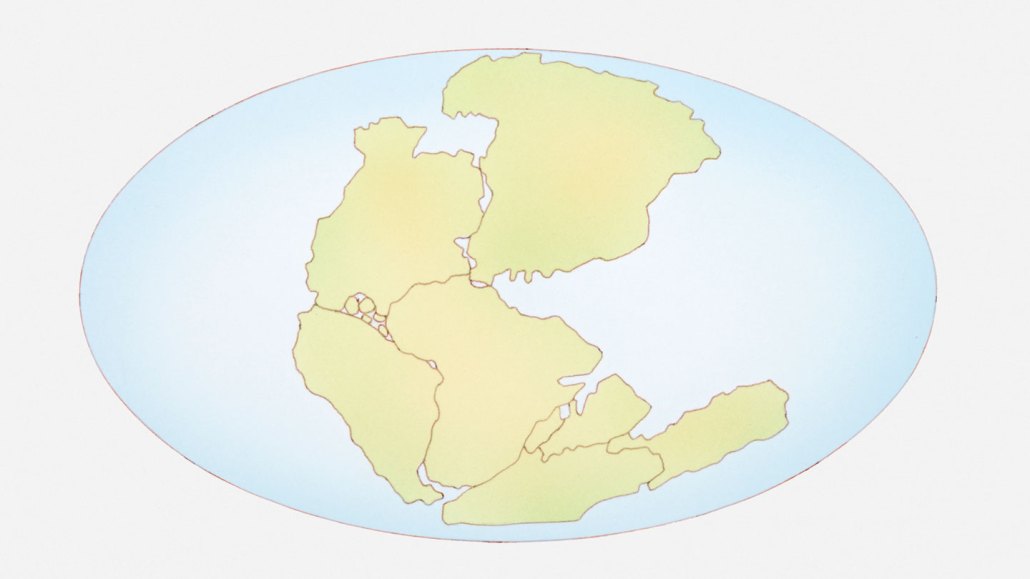 a map of the globe shows several landmasses that look similar to today's continents smushed together into one large landmass surrounded by ocean