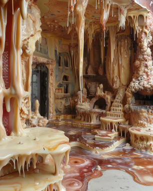 an AI generated image showing what looks like a house melting into a cave