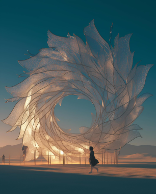an AI generated image of a desert landscape at dusk, in the distance isa huge brilliantly lit sculpture shaped something like a feathery wreath
