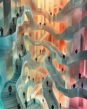 an AI generated image showing impossible architecture, curving and swoopy staircases with impressions of people walking up and down them