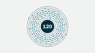 An illustration of element 120 shows 120 electrons arranged around a nucleus.