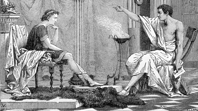 black and white illustration of Aristotle educating Alexander the Great
