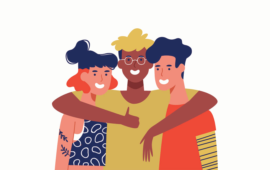 an illustration of three friends hugging