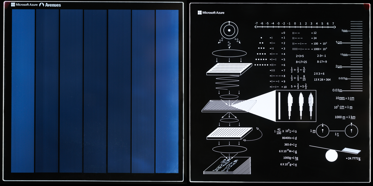 two sample glass data platters, on the left the platter is square and looks as though it has blue stripes in varying gradients etched in, on the right is an etching showing how to read data from the plate and how people count and measure things