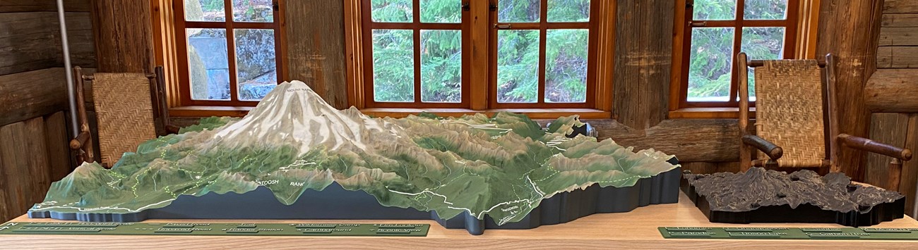 This 3-D model of Mt. Rainier National Park in Washington brings a park map to life by showing how the mountain rises above the surrounding landscape.