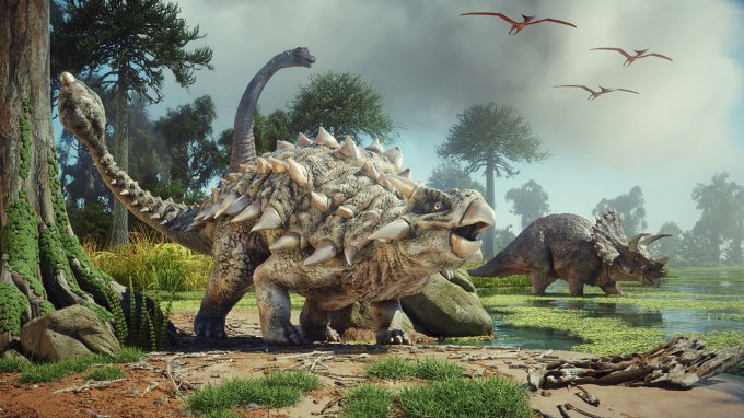 an illustration of sevearl dinosaurs and ancient reptiles