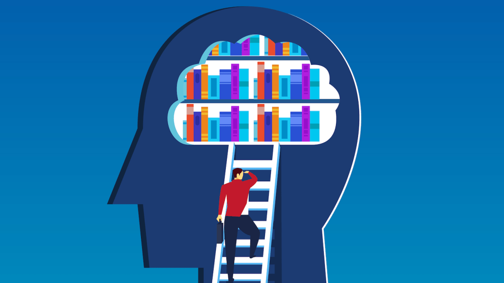 a cartoon man climbs up a latter toward the brain of a giant cartoon head; inside the brain is a library of books to represent memory