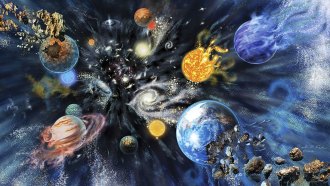 a painting of planets, galaxies, stars, and asteroids being pulled towards the middle of the image and disintegrating