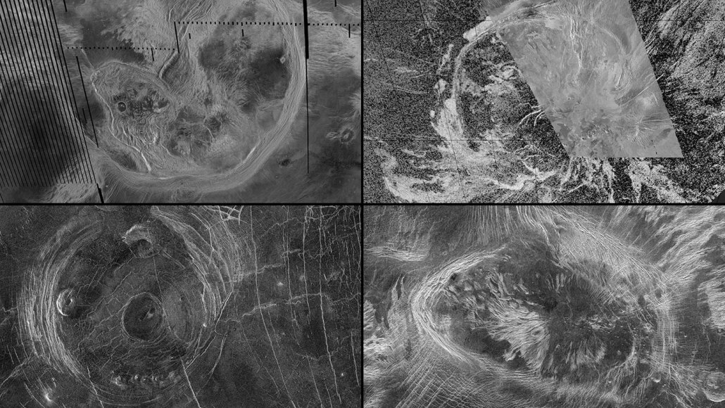 Four aerial images of Venus' surface, in black and white.