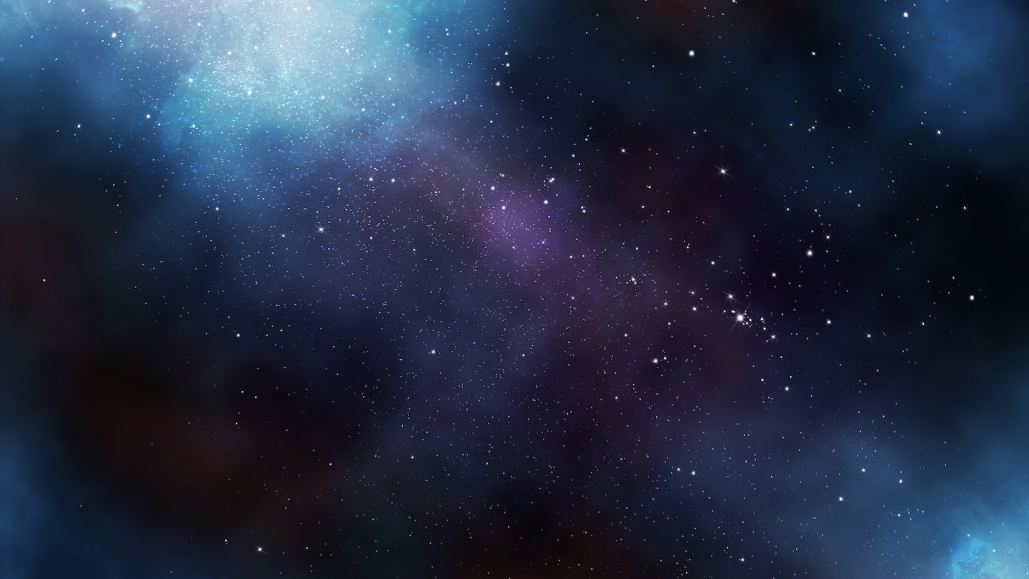 a haze of bluish purple light illuminates the dusty, dark void of interstellar space